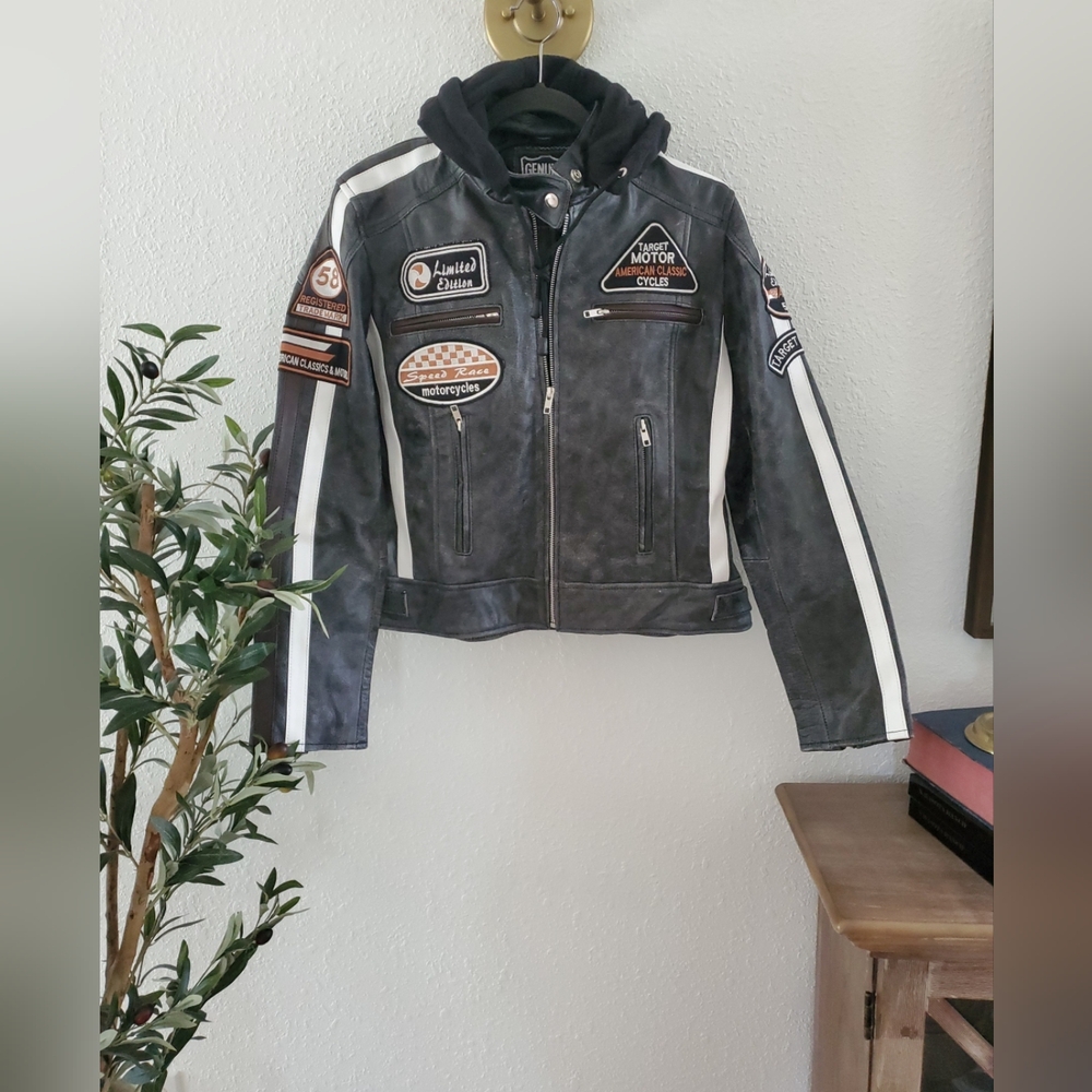 Unbranded Women's Leather Jacket Biker Motorcycle Touring Jacket Big Logo